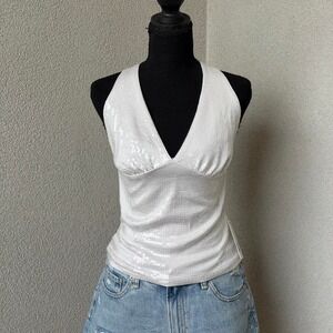 Faded Rose White/Light Grey sequin halter top NWT Size M